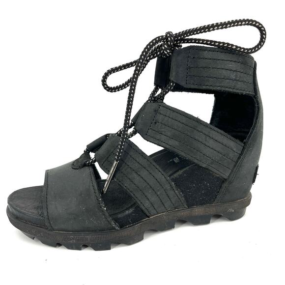 Sorel Women's Black Leather Joanie II 2 Lace up Wedge Open Toe Sandal 36.5 / 5.5 - Picture 1 of 9